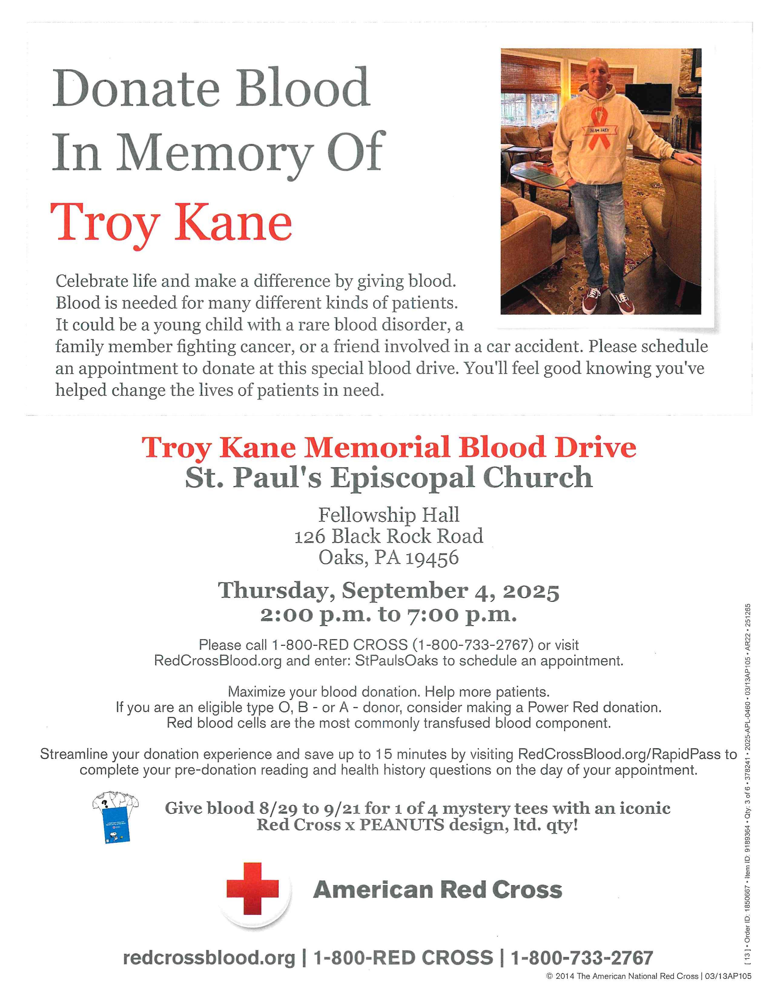 Thursday, September 4th – Troy Kane Memorial Blood Drive